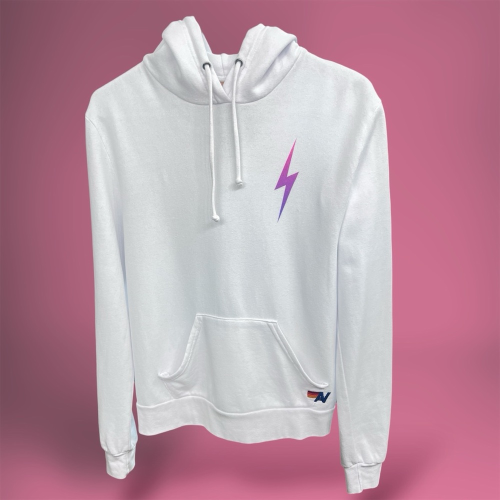 SOLD - Aviator Nation White Hoodie with Purple Lightning Bolt